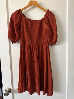 SHEIN Rust Puff-Sleeve Smocked Midi Dress